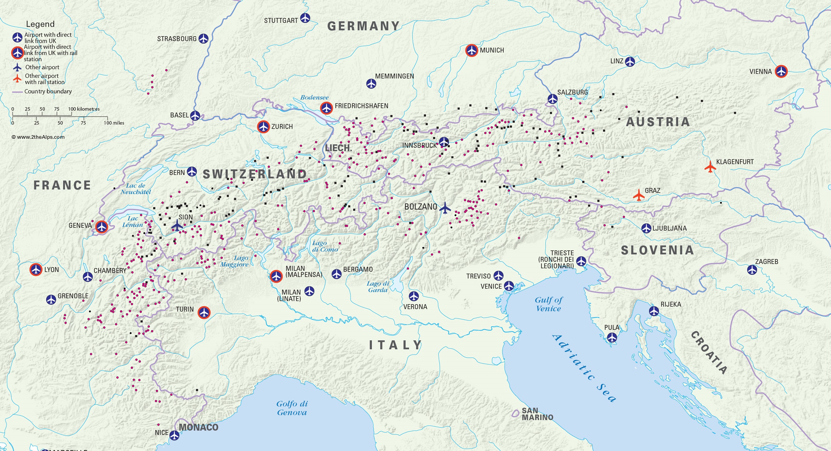 Map showing airports in the European Alps